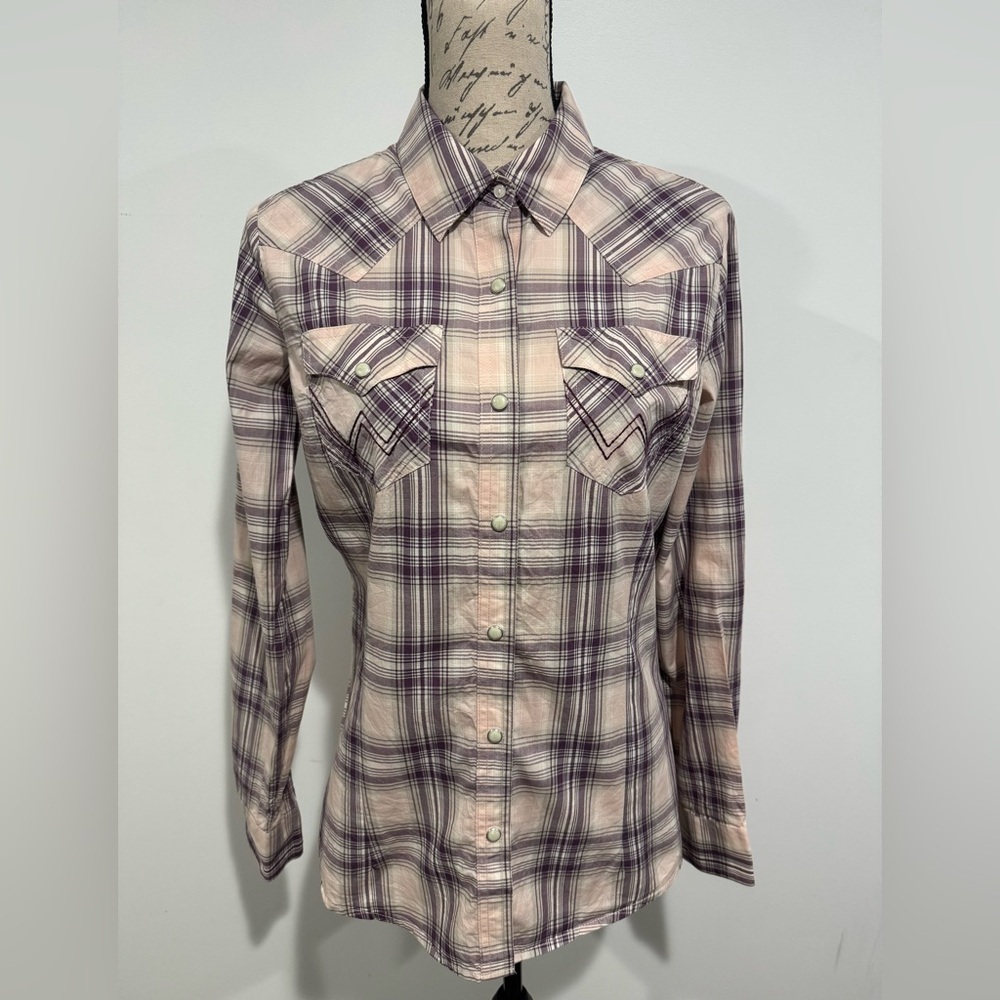 Wrangler Retro Pearl Snap Purple Plaid Long Sleeve Shirt Womens Size Small